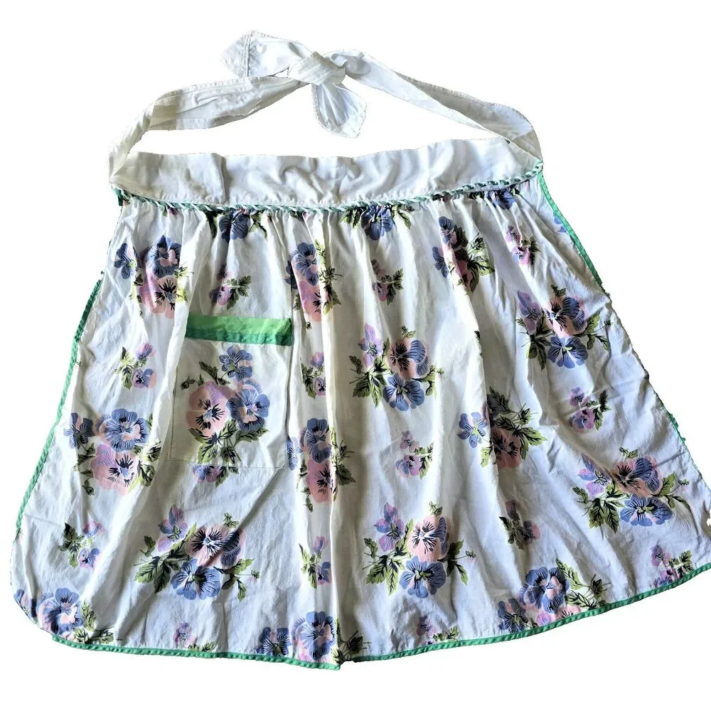 Vintage Floral Half Apron Pansy Print Cotton Retro Kitchen Hostess Pocket OS